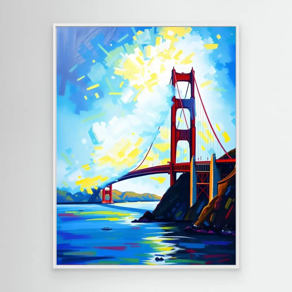 A vibrant painting of the Golden Gate Bridge in red against blue water and sky.