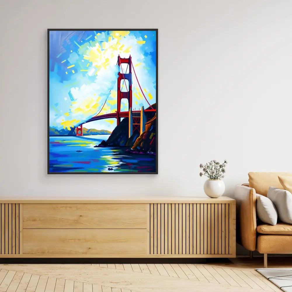 Vibrant painting of the Golden Gate Bridge against a blue and yellow sky.