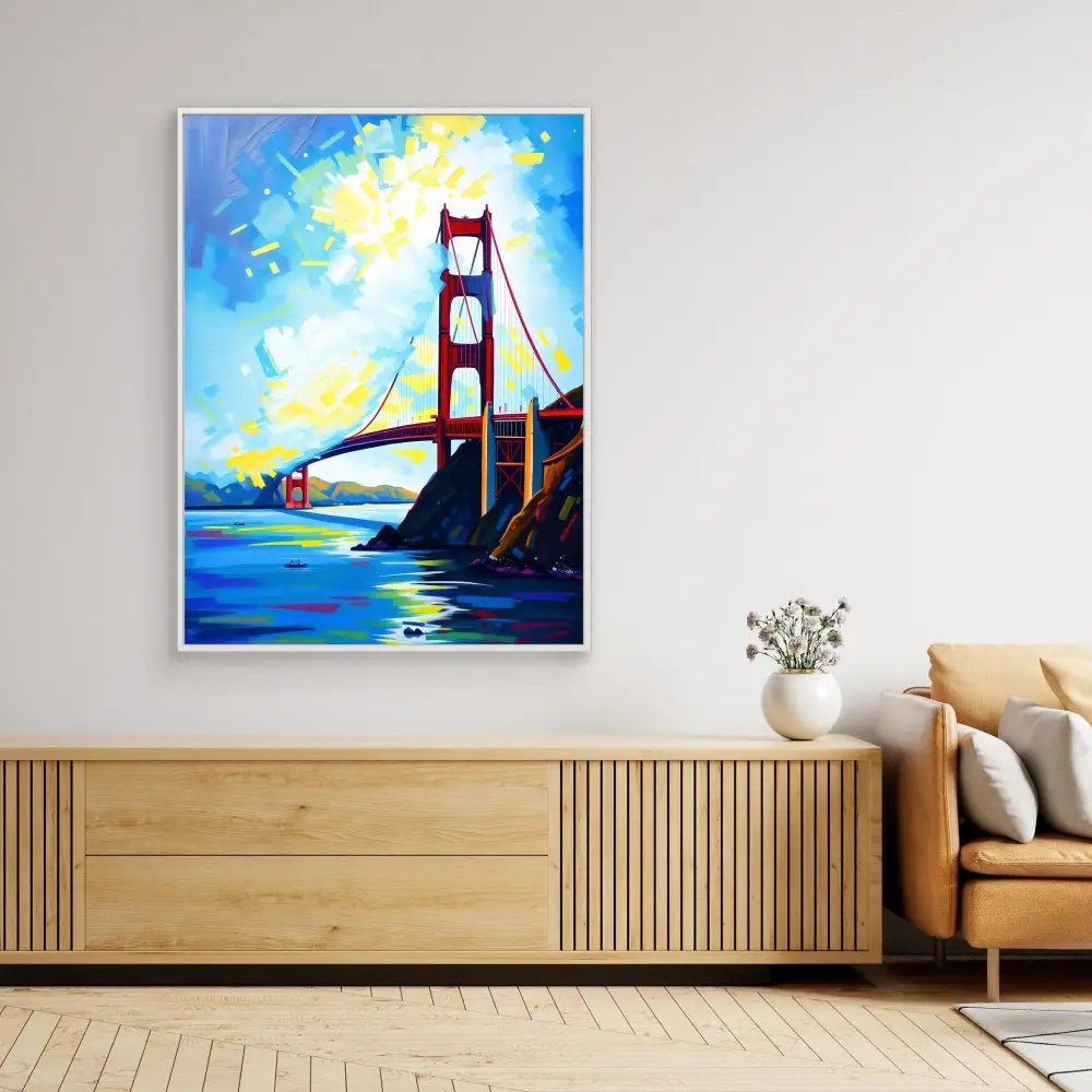 Vibrant painting of the Golden Gate Bridge against a blue and yellow sky.