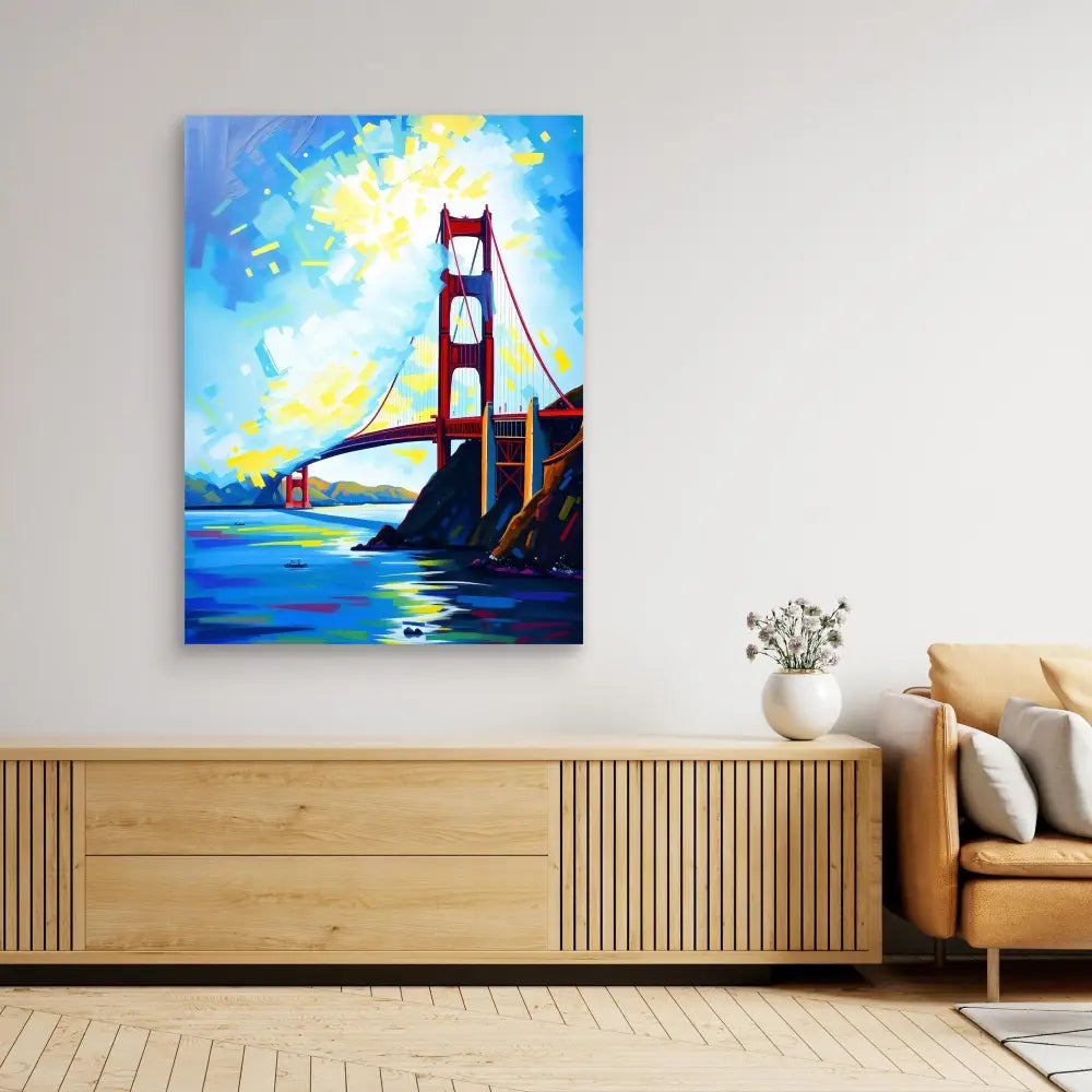 Vibrant painting of the Golden Gate Bridge against a blue and yellow sky.