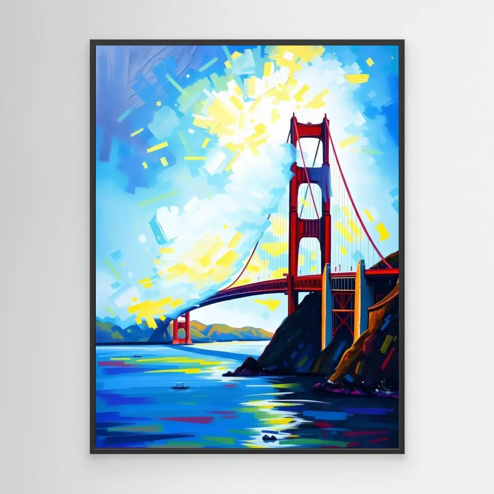 A vibrant painting of the Golden Gate Bridge in red against blue water and sky.