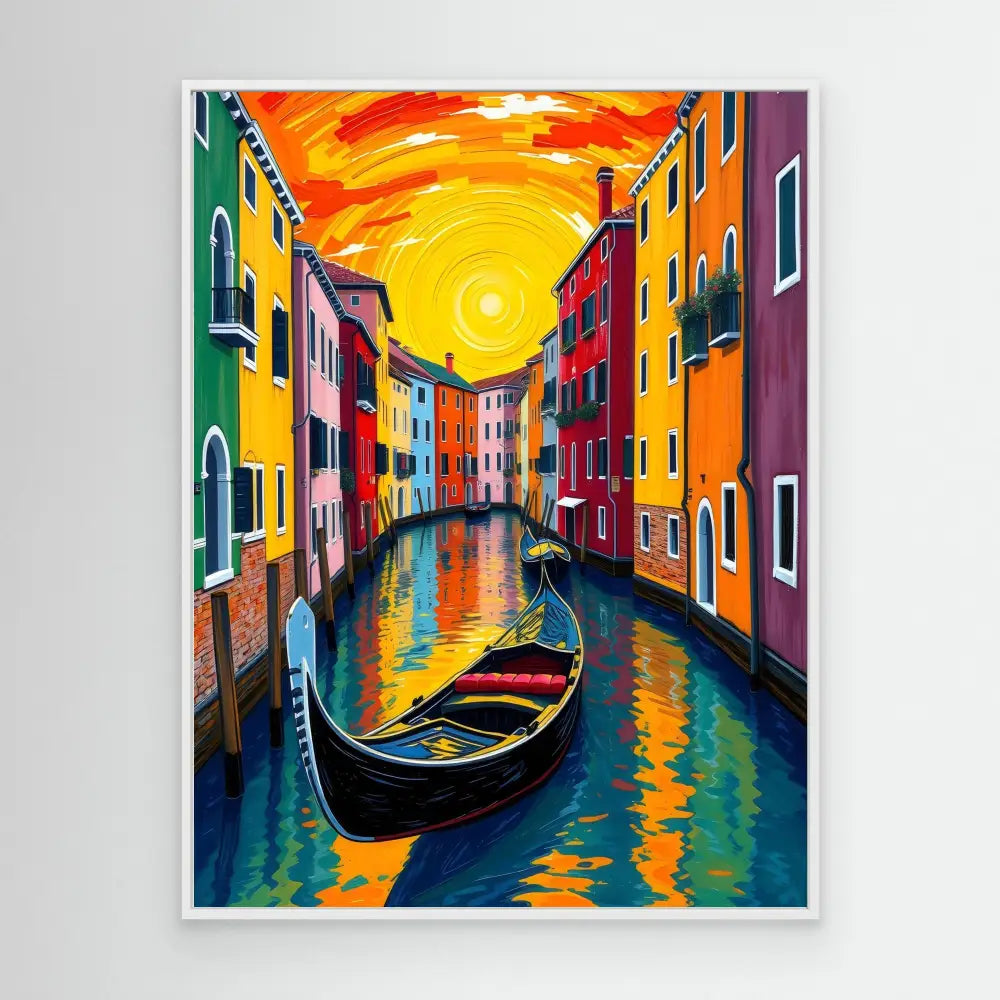 Vibrant painting of a gondola on a Venice canal at sunset.