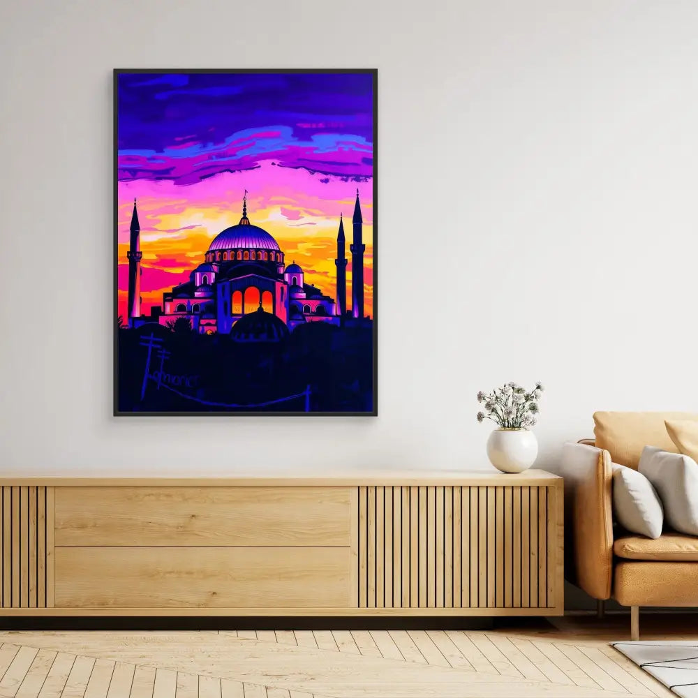 Vibrant painting of the Hagia Sophia mosque silhouetted against a purple and orange sunset sky.