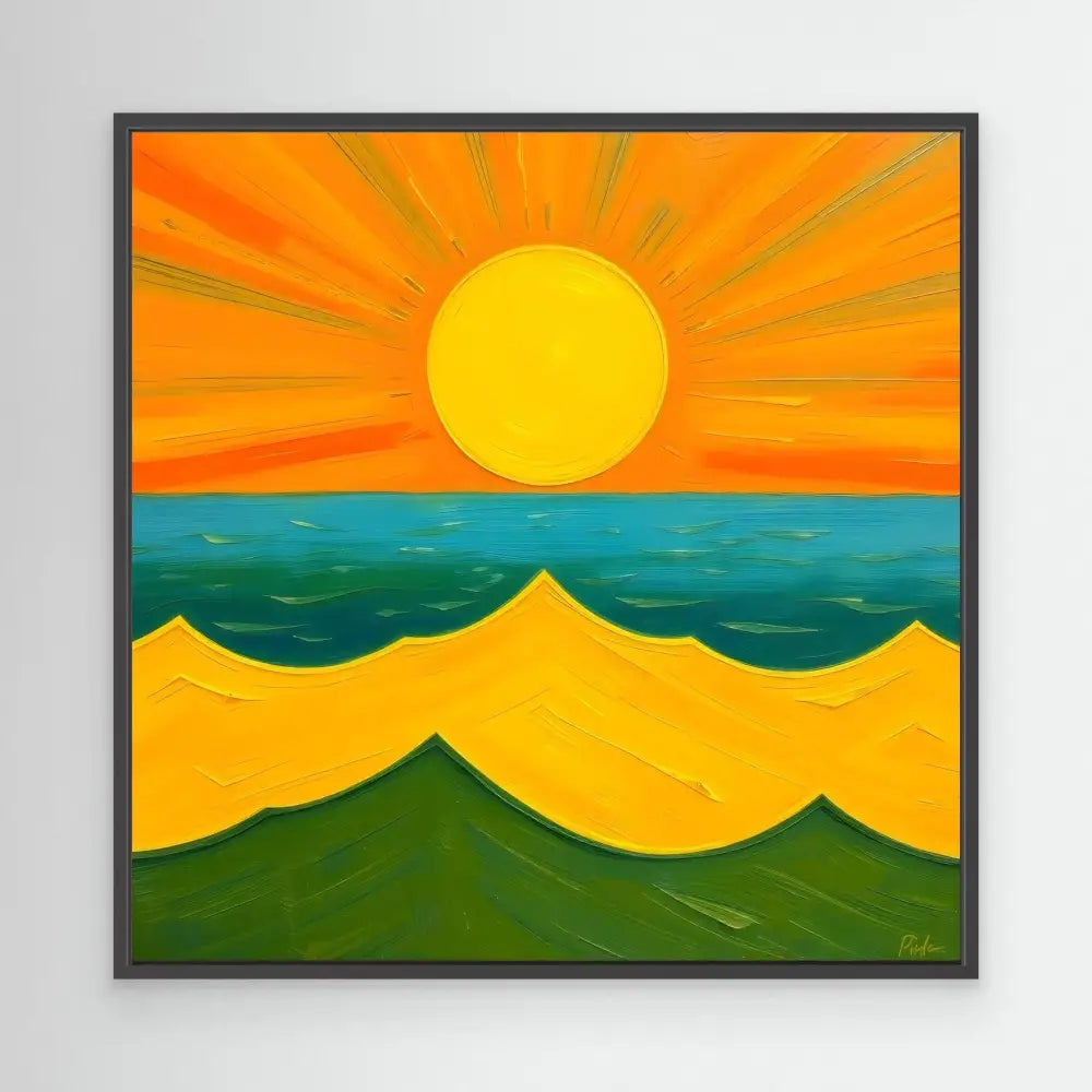 A vibrant painting of rolling hills beneath a setting sun over the ocean.