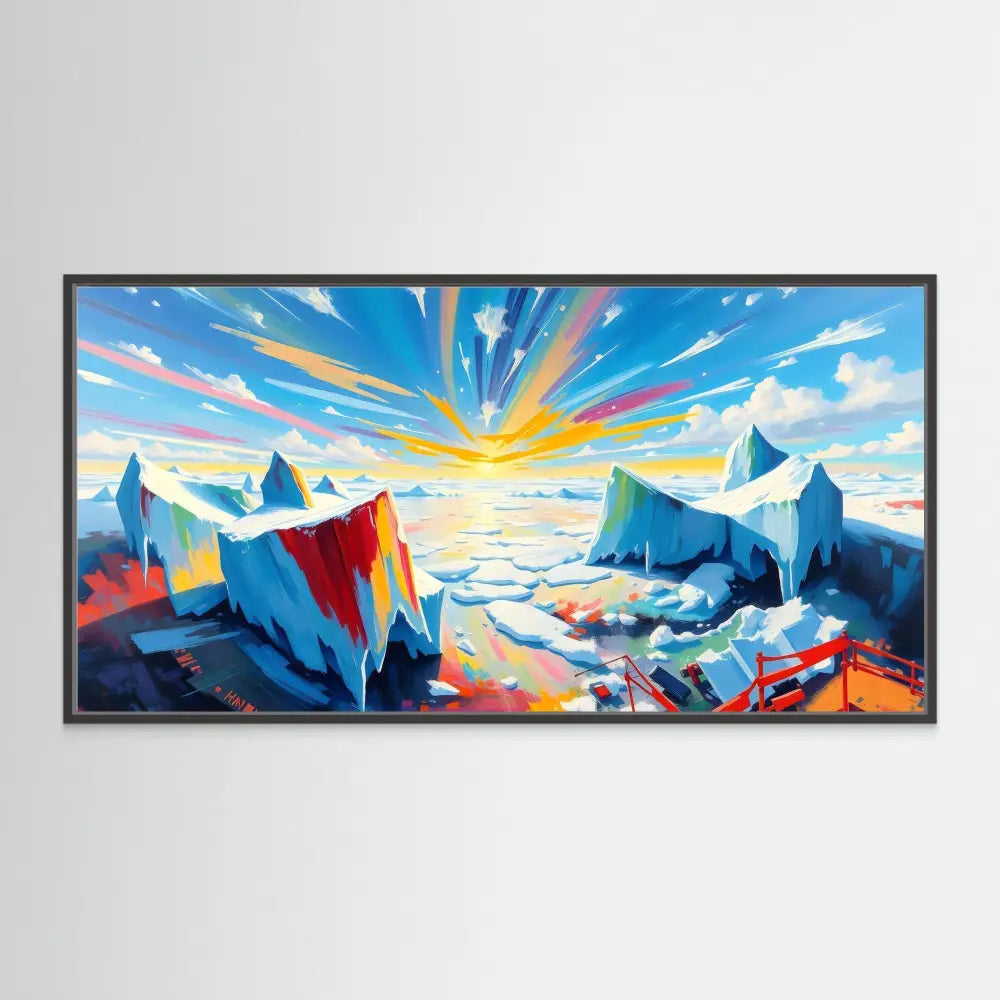 Vibrant painting of icebergs under a dramatic sunset sky with bursting rays of color.