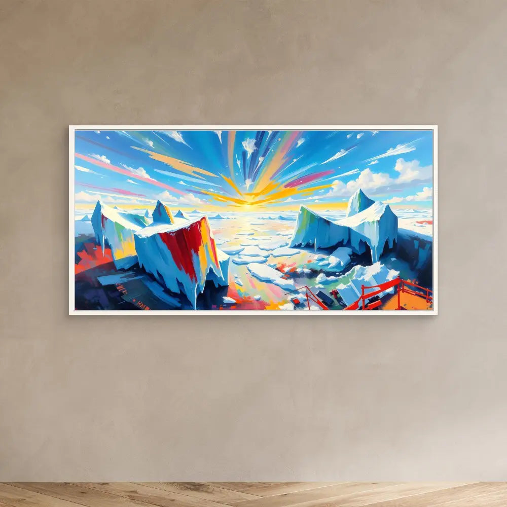 Vibrant painting of icebergs and mountains beneath a dramatic sunset sky.