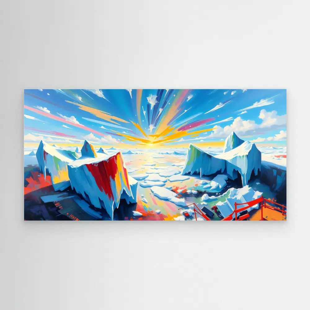 Vibrant painting of icebergs and mountains under a dramatic sunset sky.