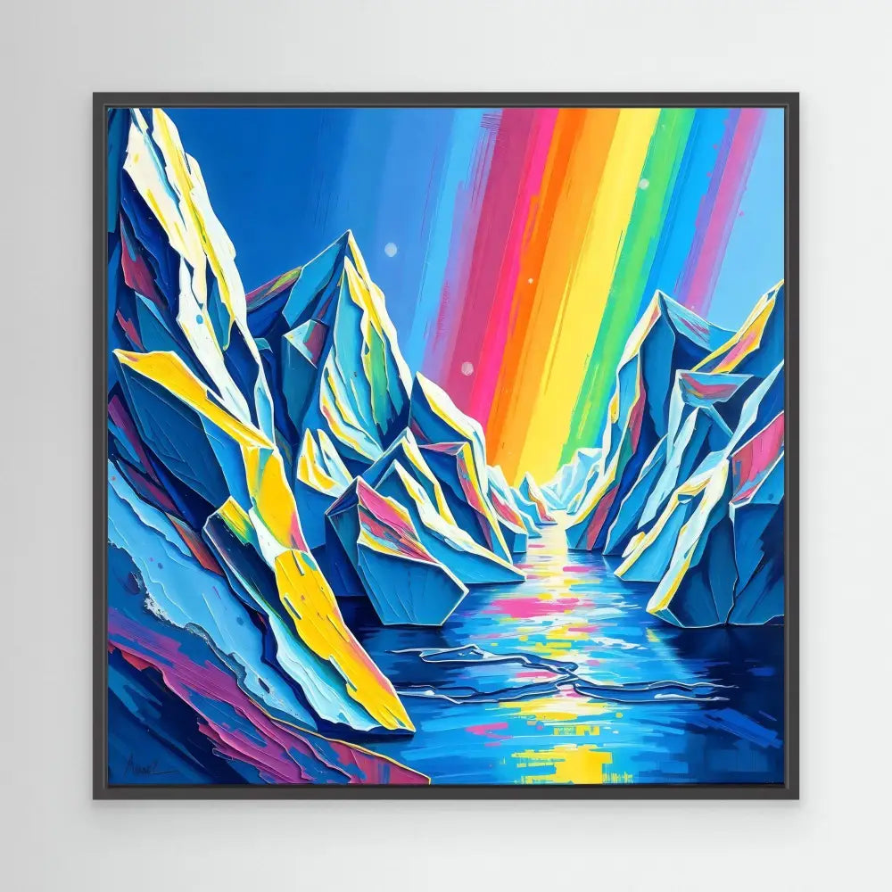 Vibrant painting of jagged mountains with a rainbow-colored sky reflecting on water below.