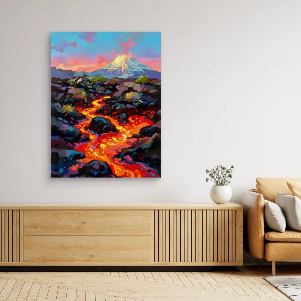 Vibrant painting of flowing lava beneath a mountain at sunset.