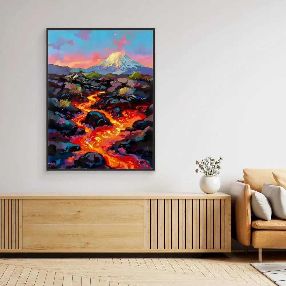 Vibrant painting of flowing lava beneath a snow-capped mountain during sunset.