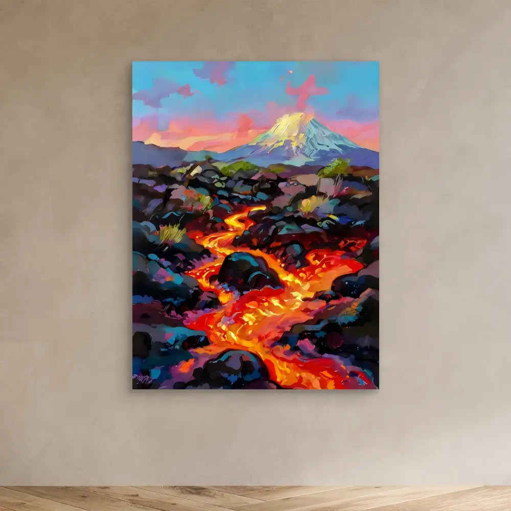 A vibrant painting of flowing lava beneath a snow-capped mountain.