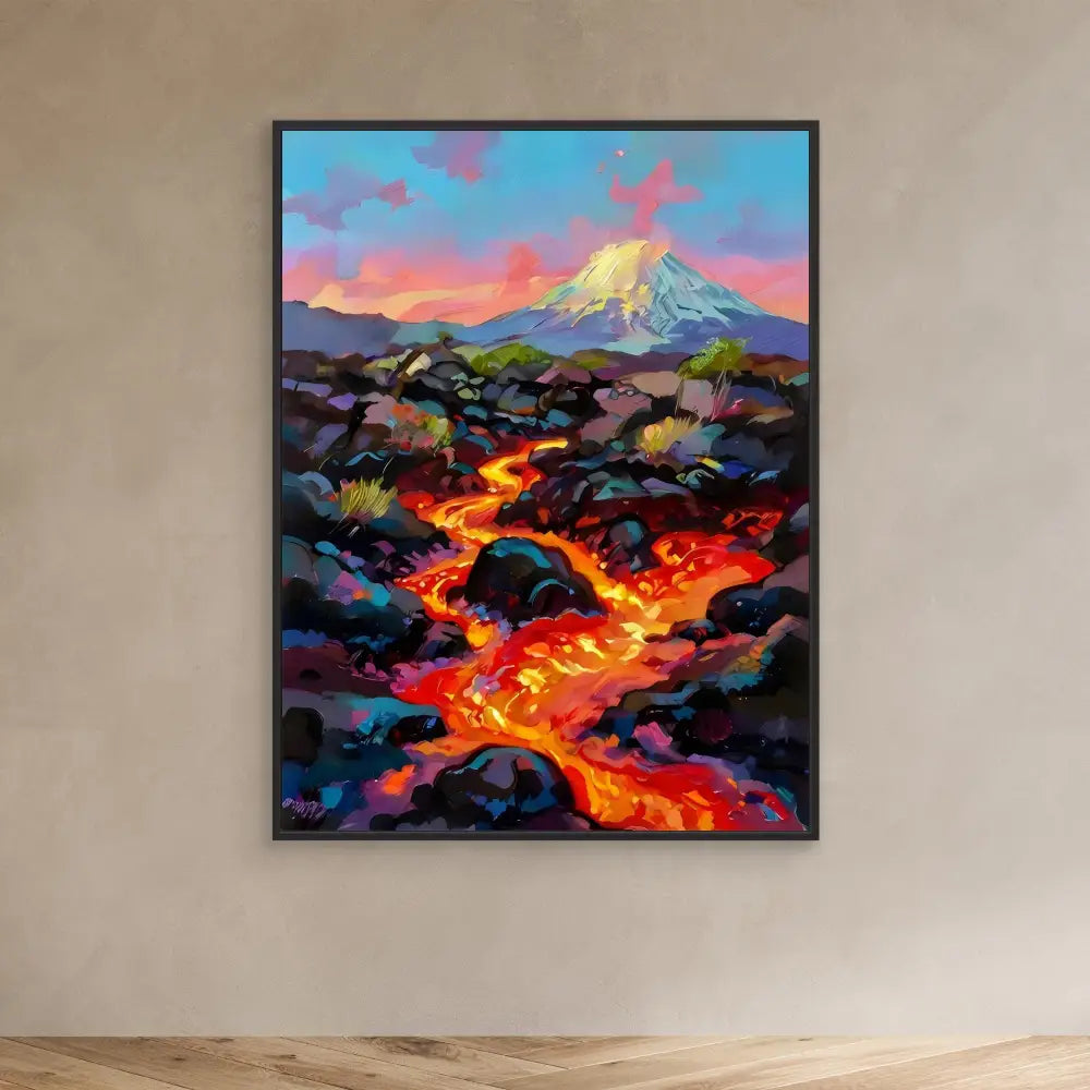 A vibrant painting of flowing lava between dark rocks beneath a snow-capped mountain.