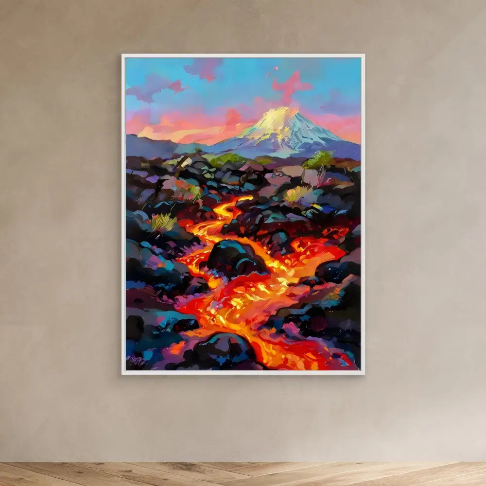 A vibrant painting of flowing lava between dark rocks beneath a mountain peak.