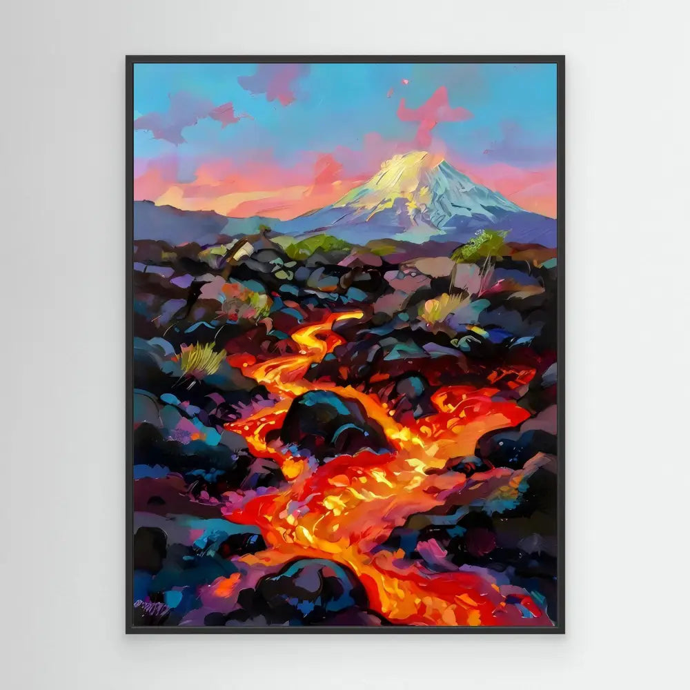 A vibrant painting of flowing lava between dark volcanic rocks beneath a mountain.