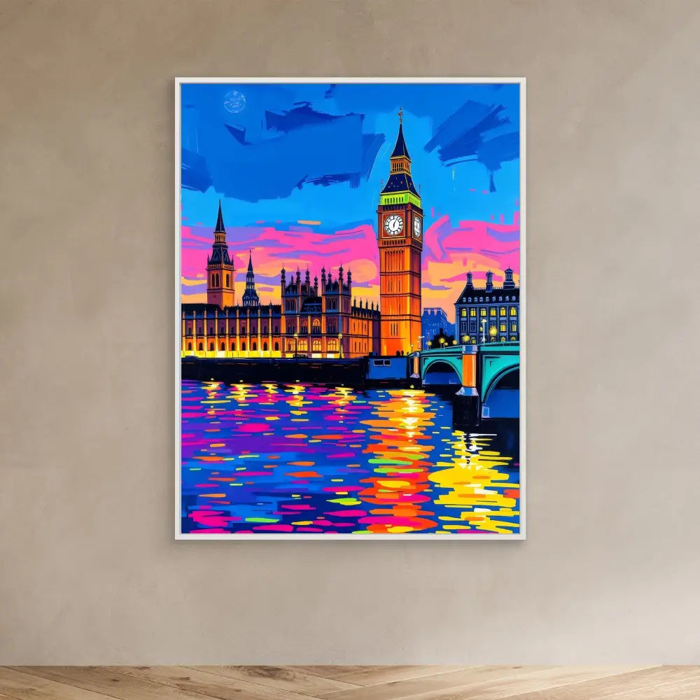 Vibrant painting of London’s Big Ben and Westminster at sunset with colorful reflections on the Thames River.