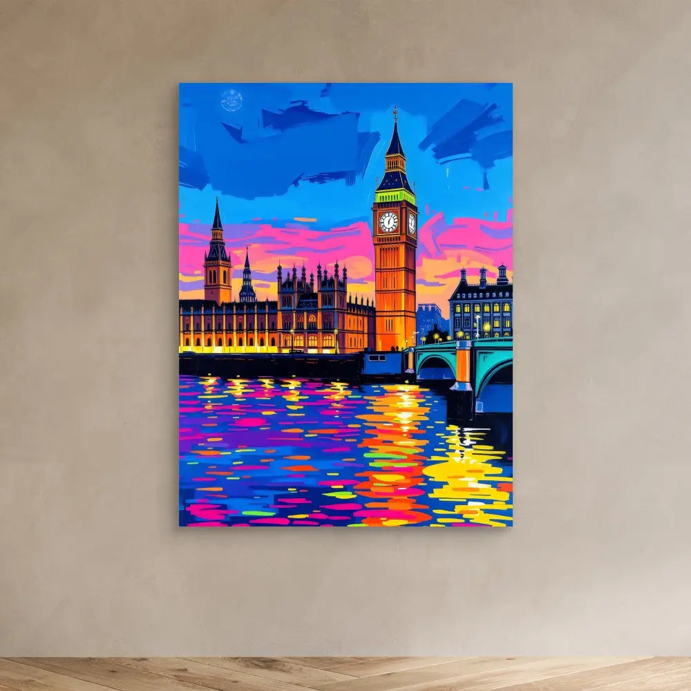 Vibrant painting of London’s Big Ben and Parliament at sunset with colorful reflections in the Thames River.