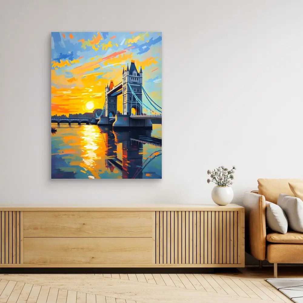 Vibrant painting of London’s Tower Bridge at sunset with golden reflections on the Thames River.