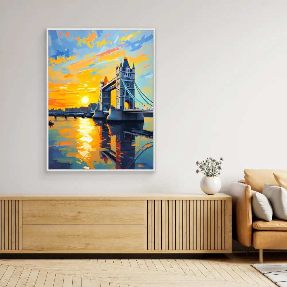 Vibrant painting of London’s Tower Bridge at sunset with orange and blue reflections on the Thames.