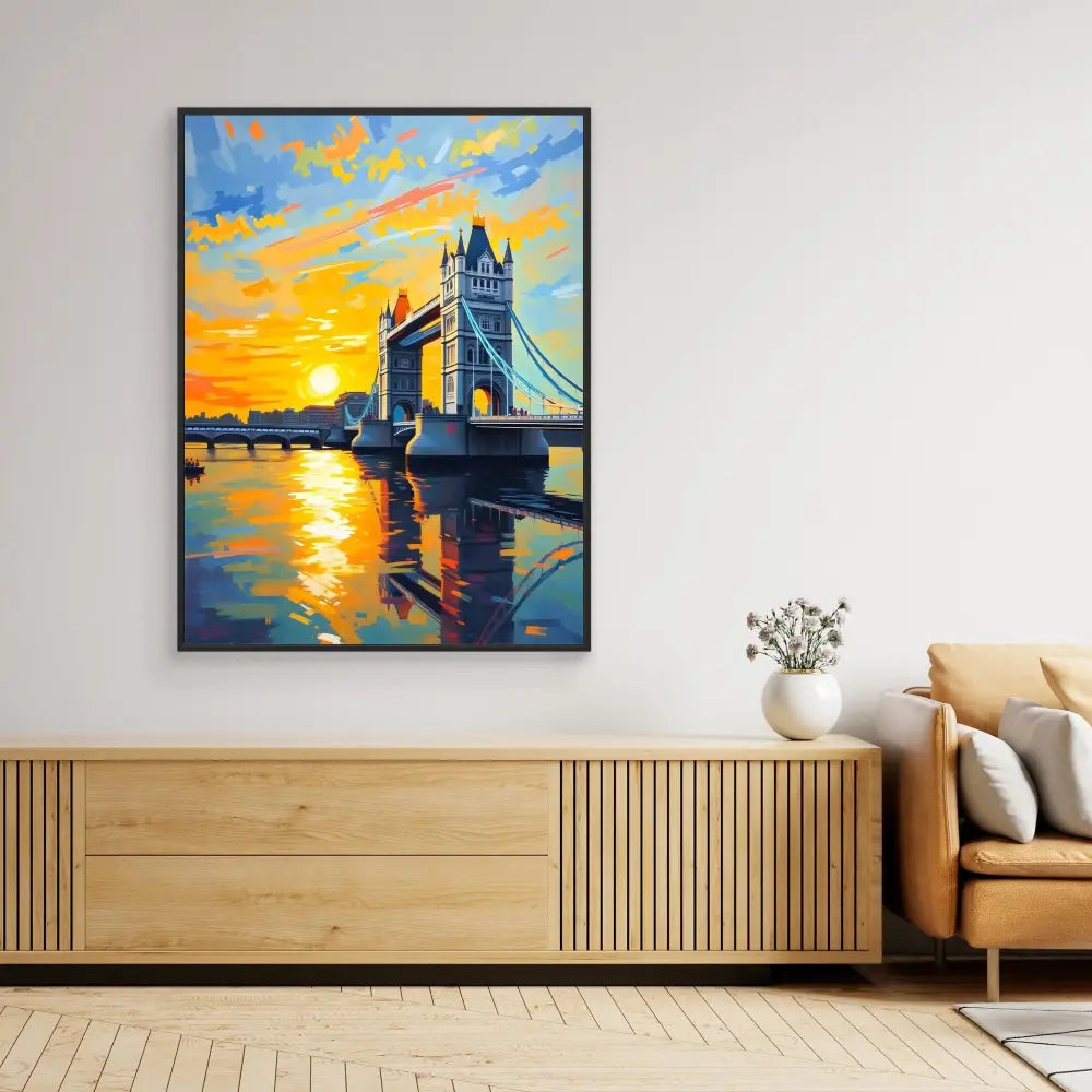 A vibrant painting of London’s Tower Bridge at sunset with orange and blue reflections on the Thames River.