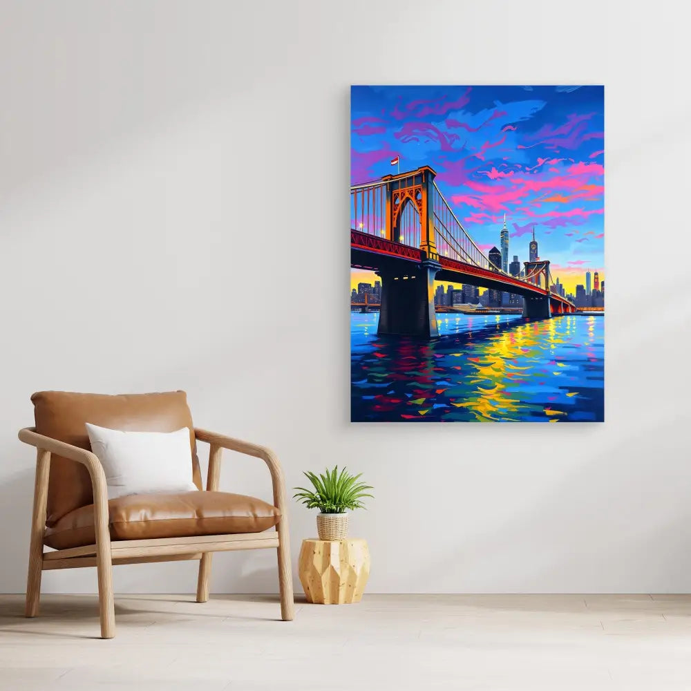 Vibrant painting of the Manhattan Bridge with colorful sunset reflections on the water.