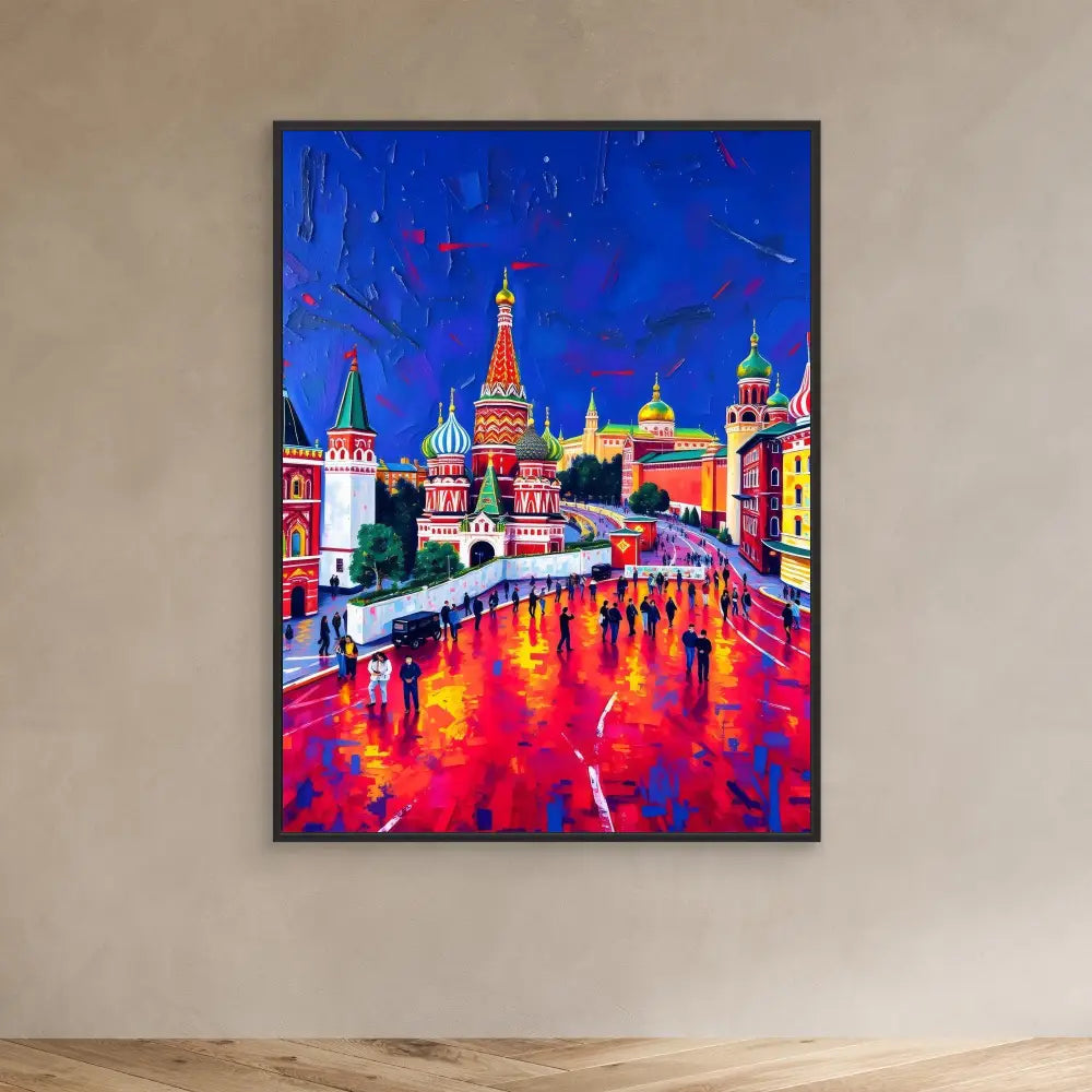 Vibrant painting of Moscow’s Red Square at night with colorful reflections on the wet pavement.