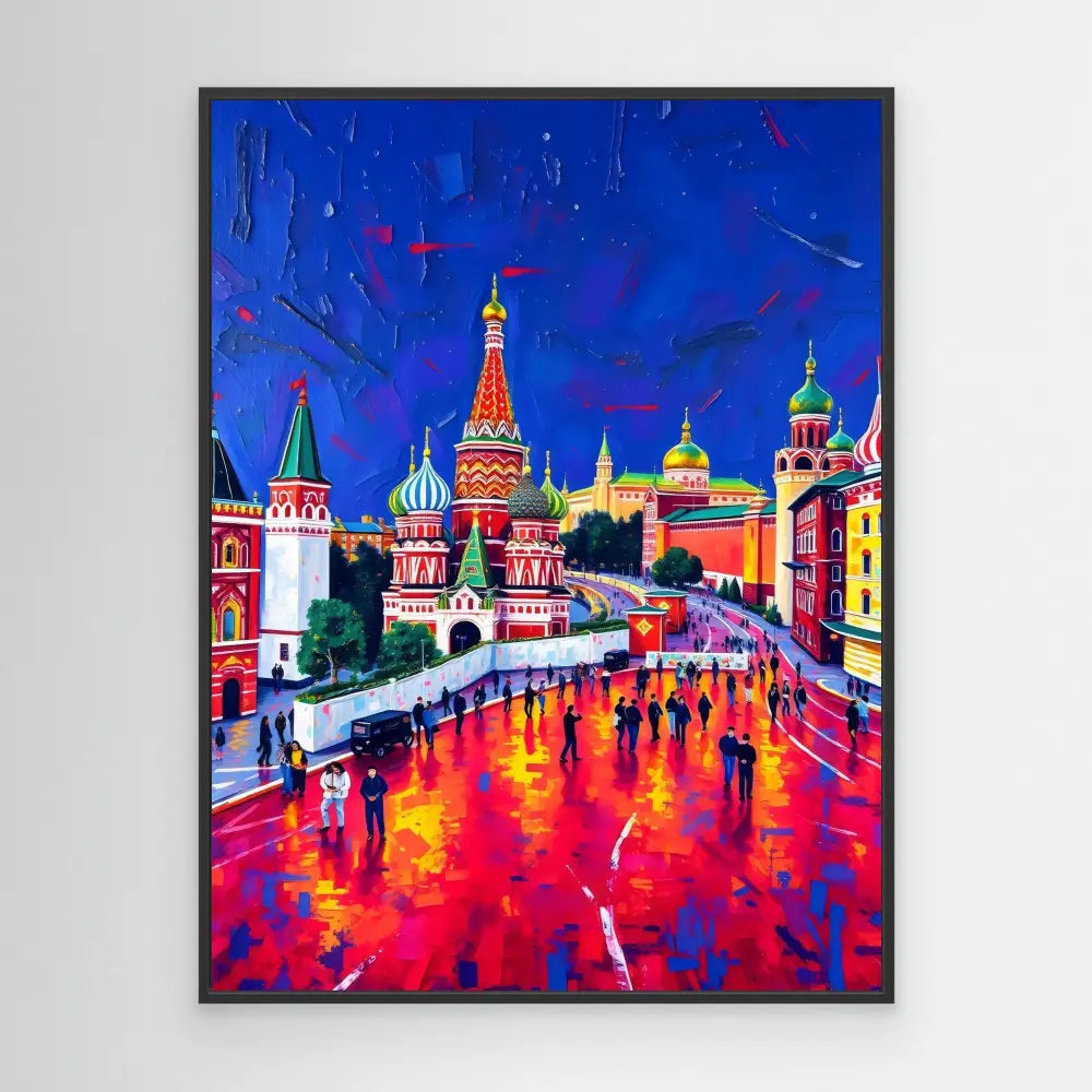 Vibrant painting of Moscow’s Red Square at night with colorful reflections on the wet pavement.