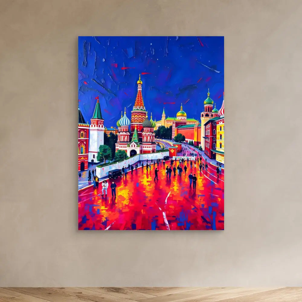 Vibrant painting of Moscow’s Saint Basil’s Cathedral and Red Square at night with colorful reflections.