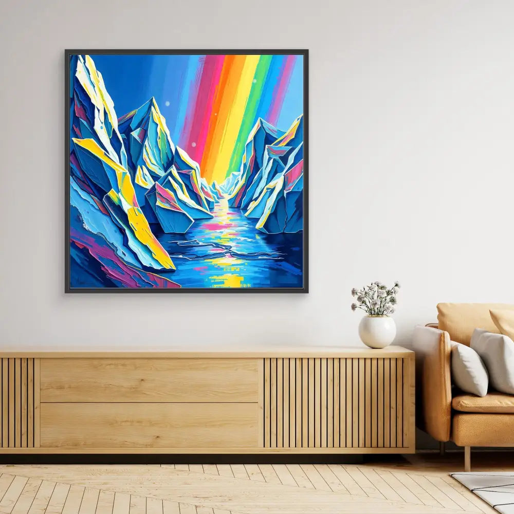 Vibrant painting of a mountain landscape with a rainbow and reflective water.