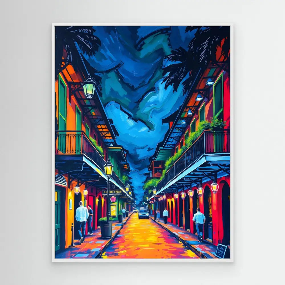 Vibrant painting of a New Orleans French Quarter street at night with colorful buildings and glowing lanterns.