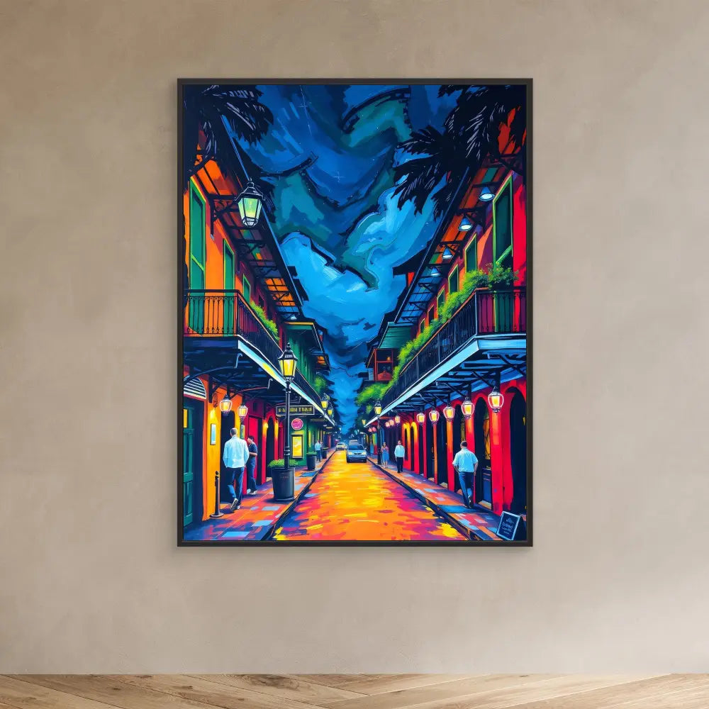 Vibrant painting of a New Orleans French Quarter street at night with colorful buildings and glowing lanterns.