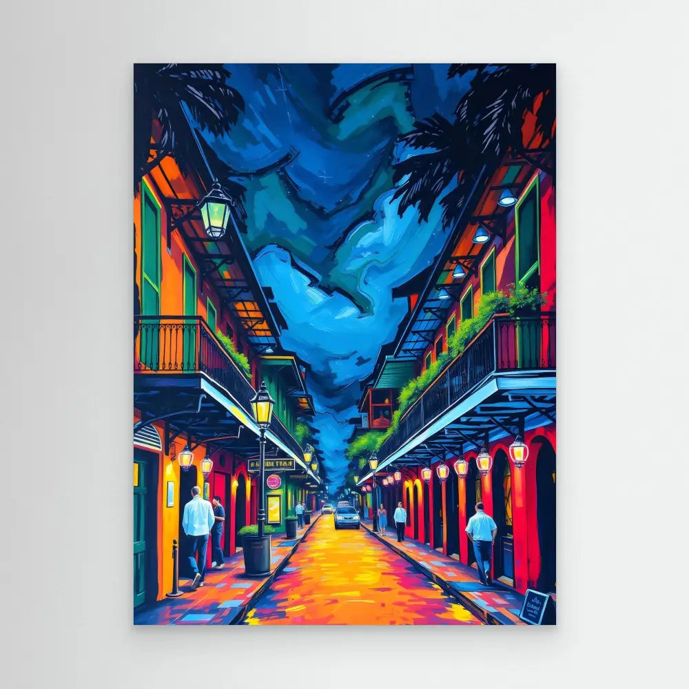 Vibrant painting of a New Orleans French Quarter street at night with glowing lanterns and colorful buildings.