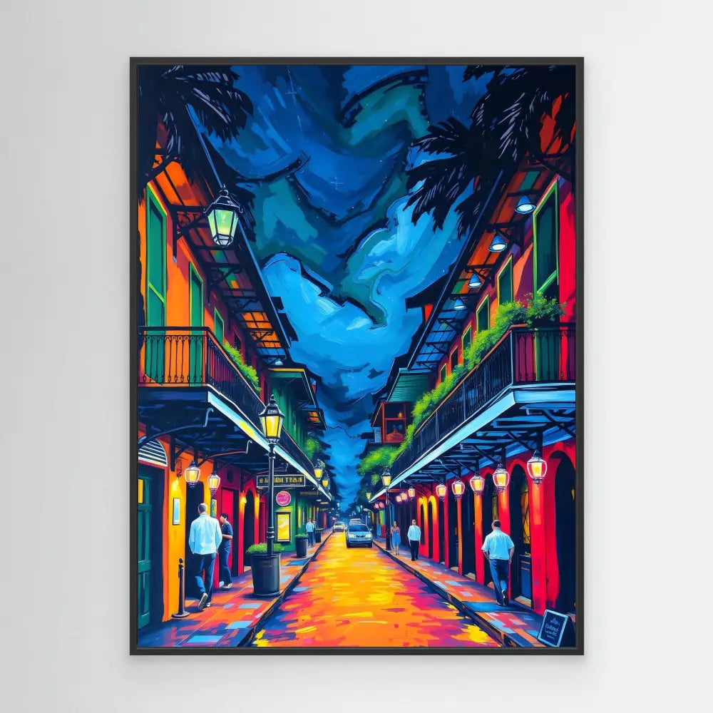 Vibrant painting of a New Orleans French Quarter street at night with glowing lanterns and colorful buildings.