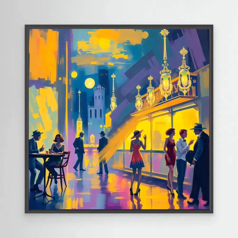 Vibrant painting of people enjoying an evening at an illuminated outdoor café.