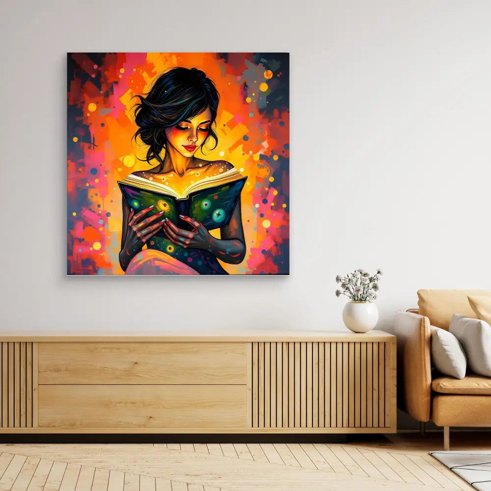 Vibrant painting of a reader immersed in a glowing book amidst magical sparkles and colors.