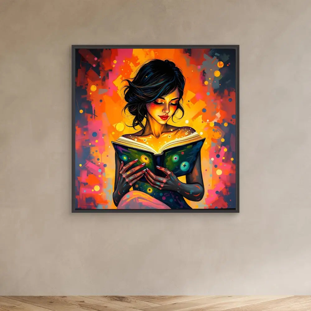 Vibrant painting of a reader immersed in a magical glowing book.