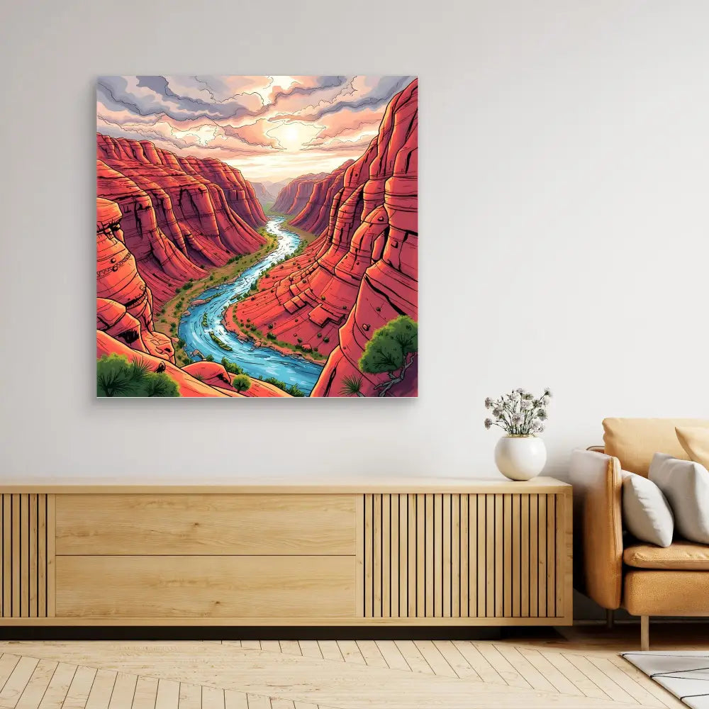 Vibrant painting of a winding river cutting through red canyon walls beneath a dramatic sunset sky.