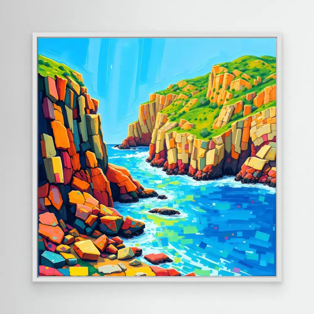 Vibrant painting of rocky coastal cliffs with turquoise water flowing between them.