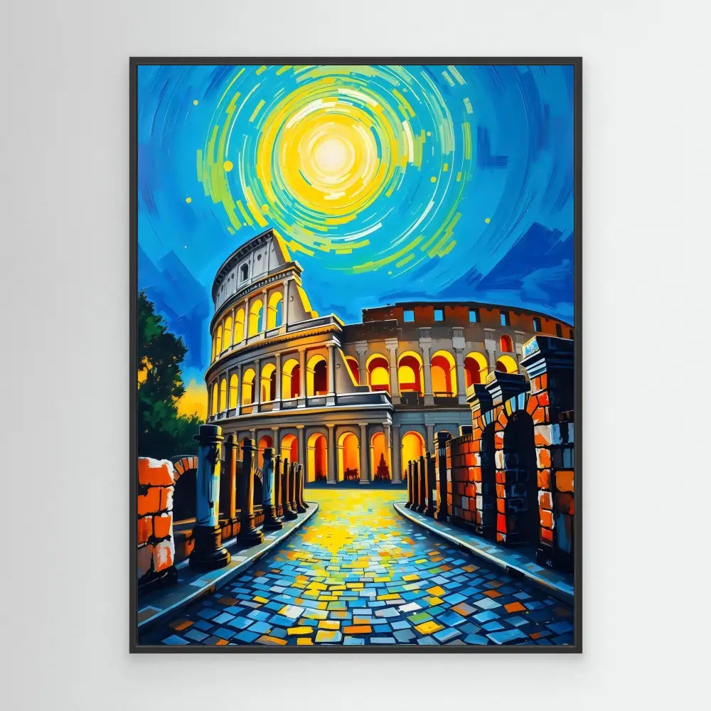 Vibrant painting of the Roman Colosseum illuminated at night with a swirling yellow moon above.