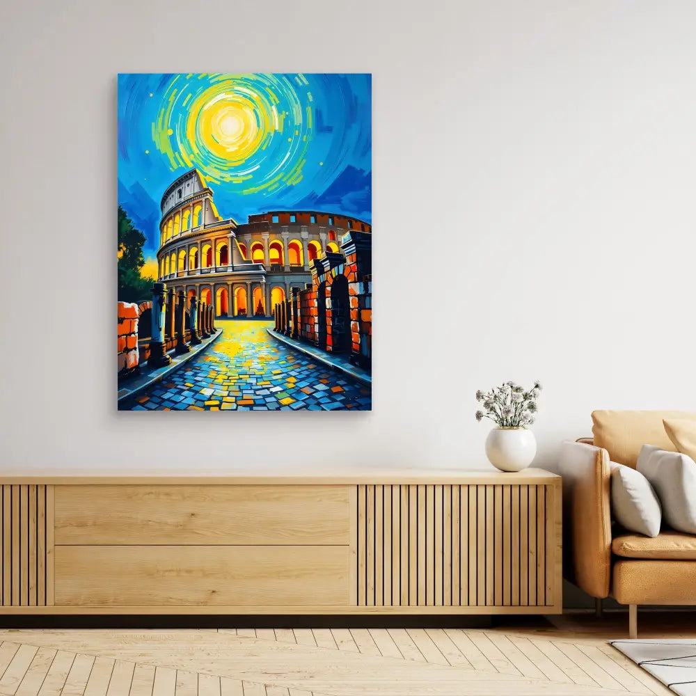 Vibrant painting of the Roman Colosseum at night with a swirling yellow moon above.