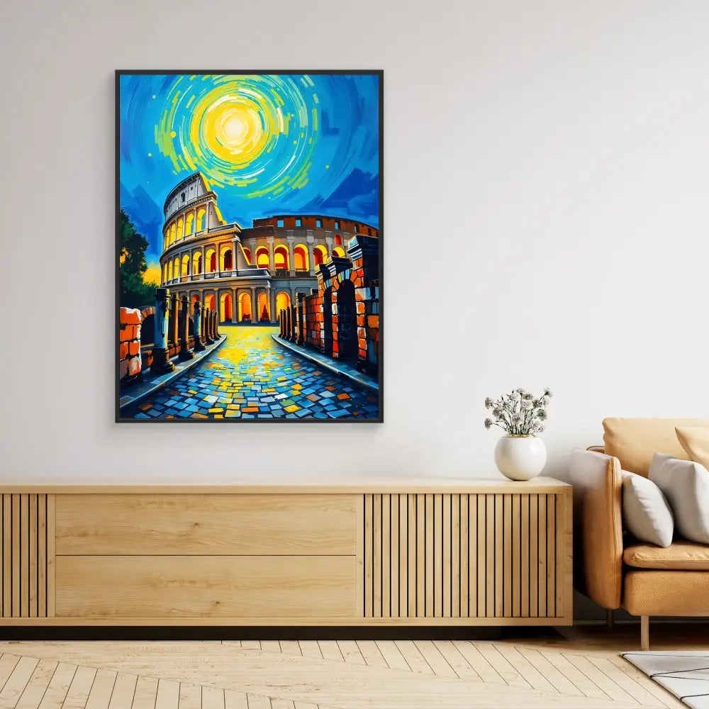 Vibrant painting of the Roman Colosseum at night under a swirling yellow moon.