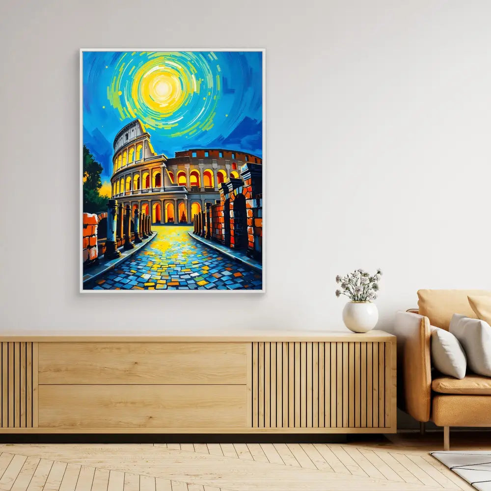 Vibrant painting of the Roman Colosseum at night with a swirling yellow moon above.