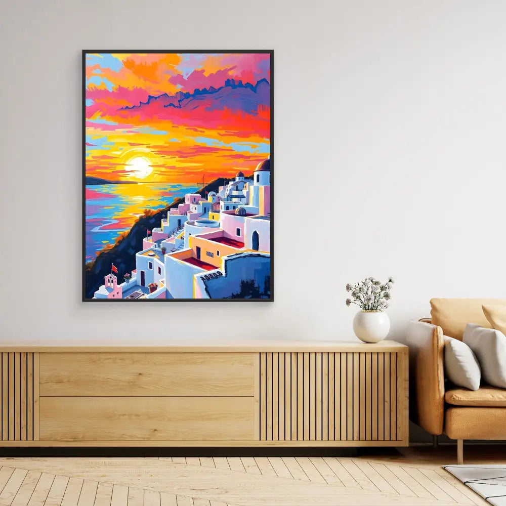 Vibrant painting of Santorini at sunset with white buildings along a coastal cliff.