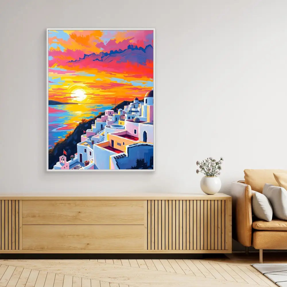 Vibrant painting of Santorini at sunset with white buildings cascading down a cliff against a colorful orange and pink sky.