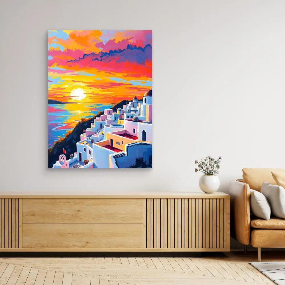 Vibrant painting of Santorini’s white buildings against a dramatic sunset sky.