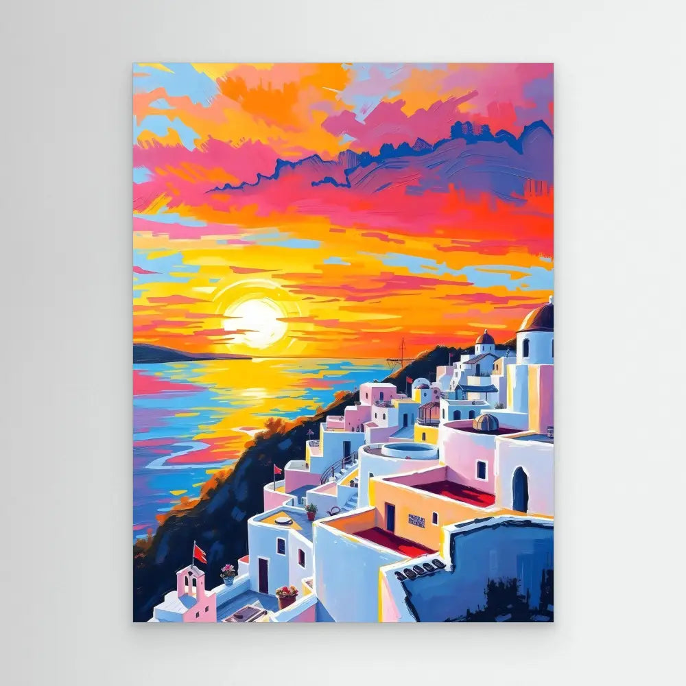 Vibrant painting of Santorini’s white buildings against a dramatic sunset sky.