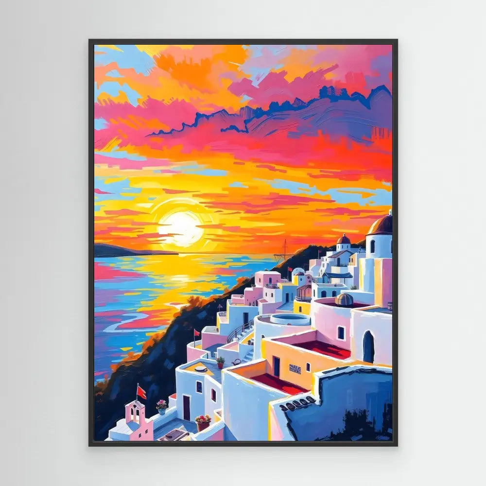 Vibrant painting of Santorini’s white buildings against a colorful sunset sky.