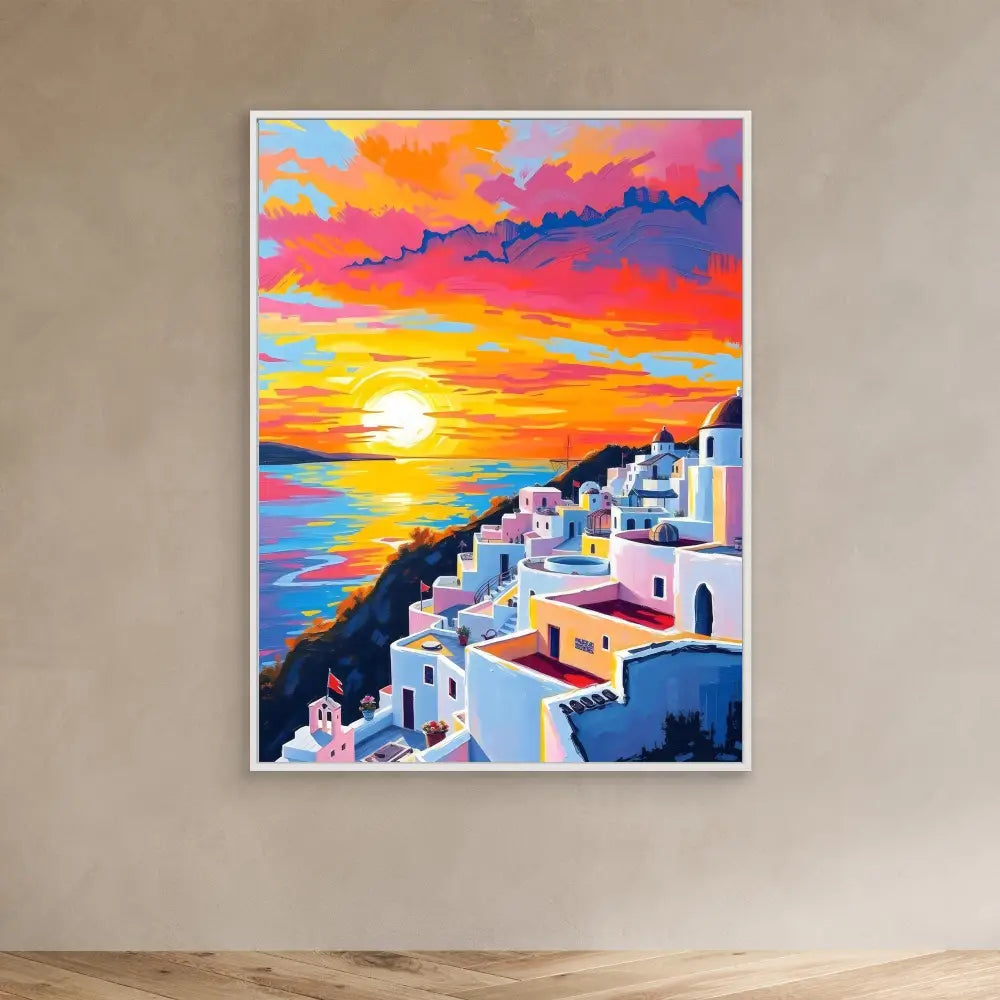 Vibrant painting of Santorini’s white buildings against a dramatic orange and pink sunset sky.