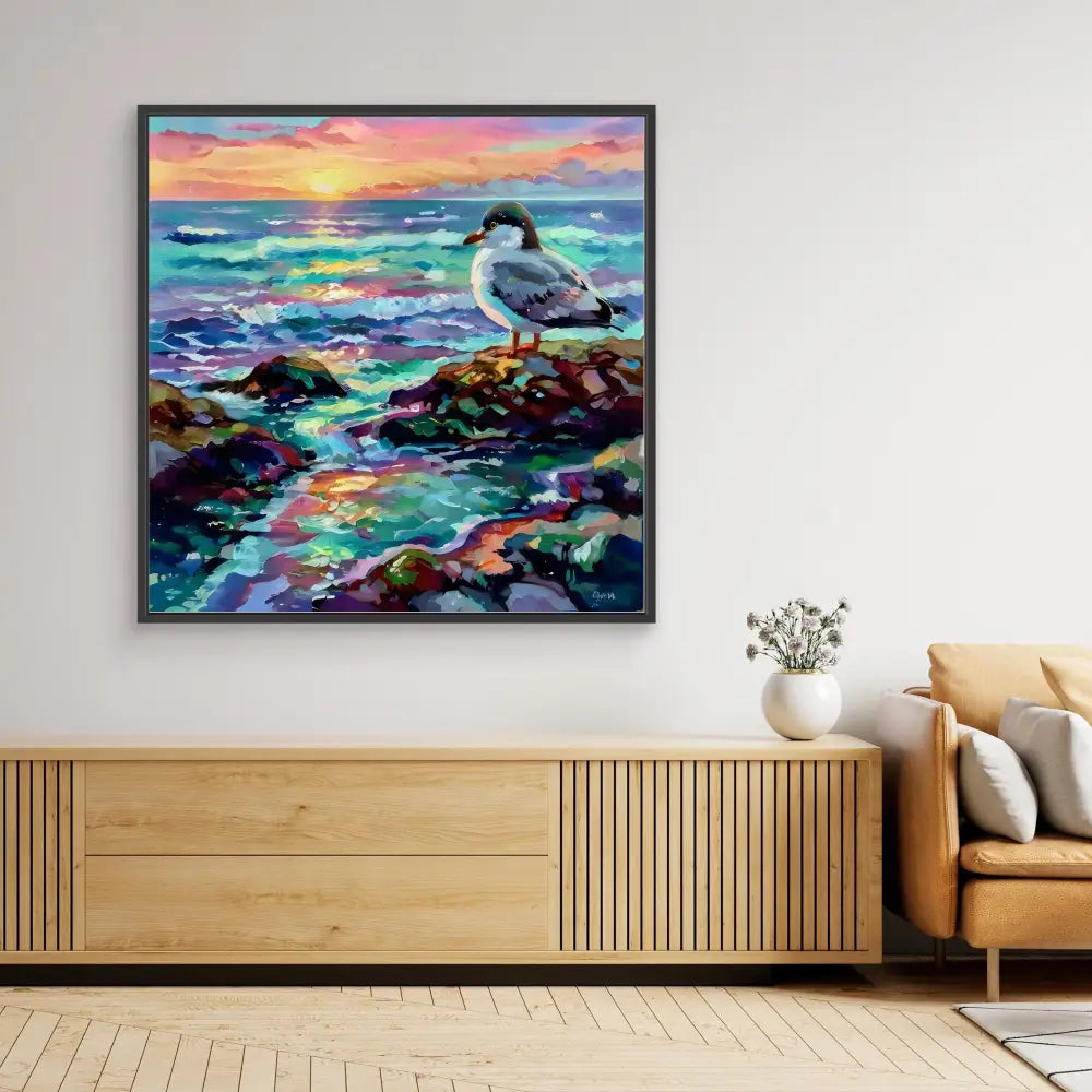 A vibrant painting of a seagull perched on coastal rocks at sunset.