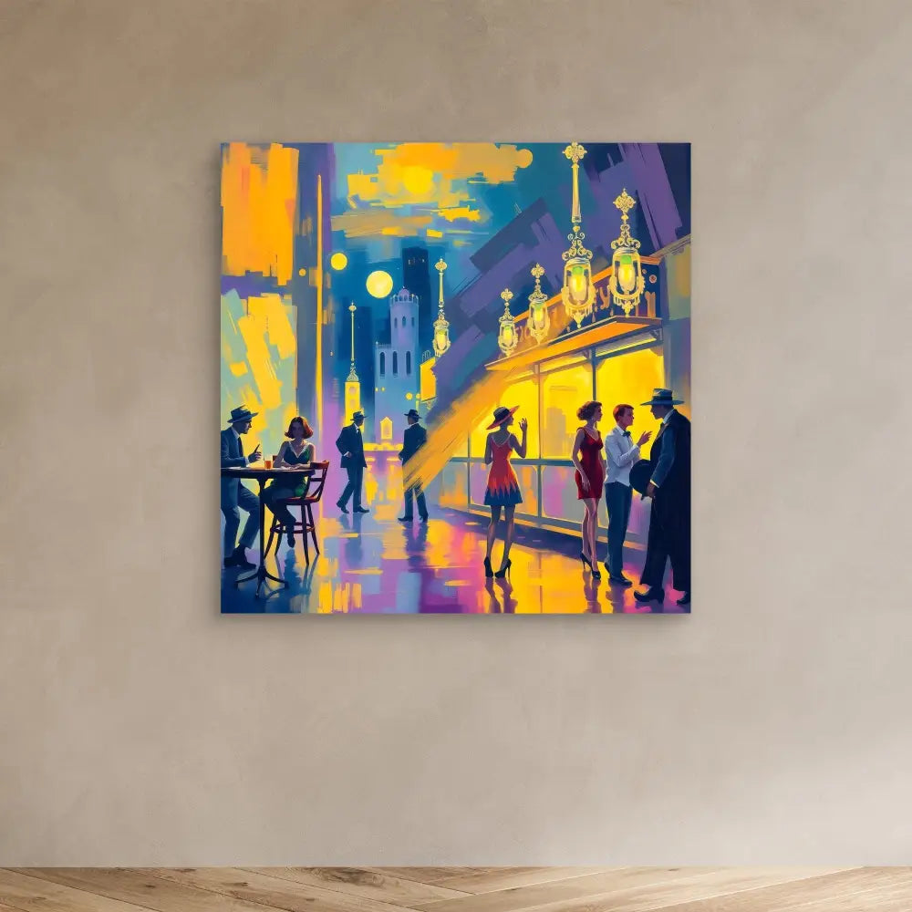 Vibrant painting depicting silhouetted figures socializing at a nighttime street cafe or bar.