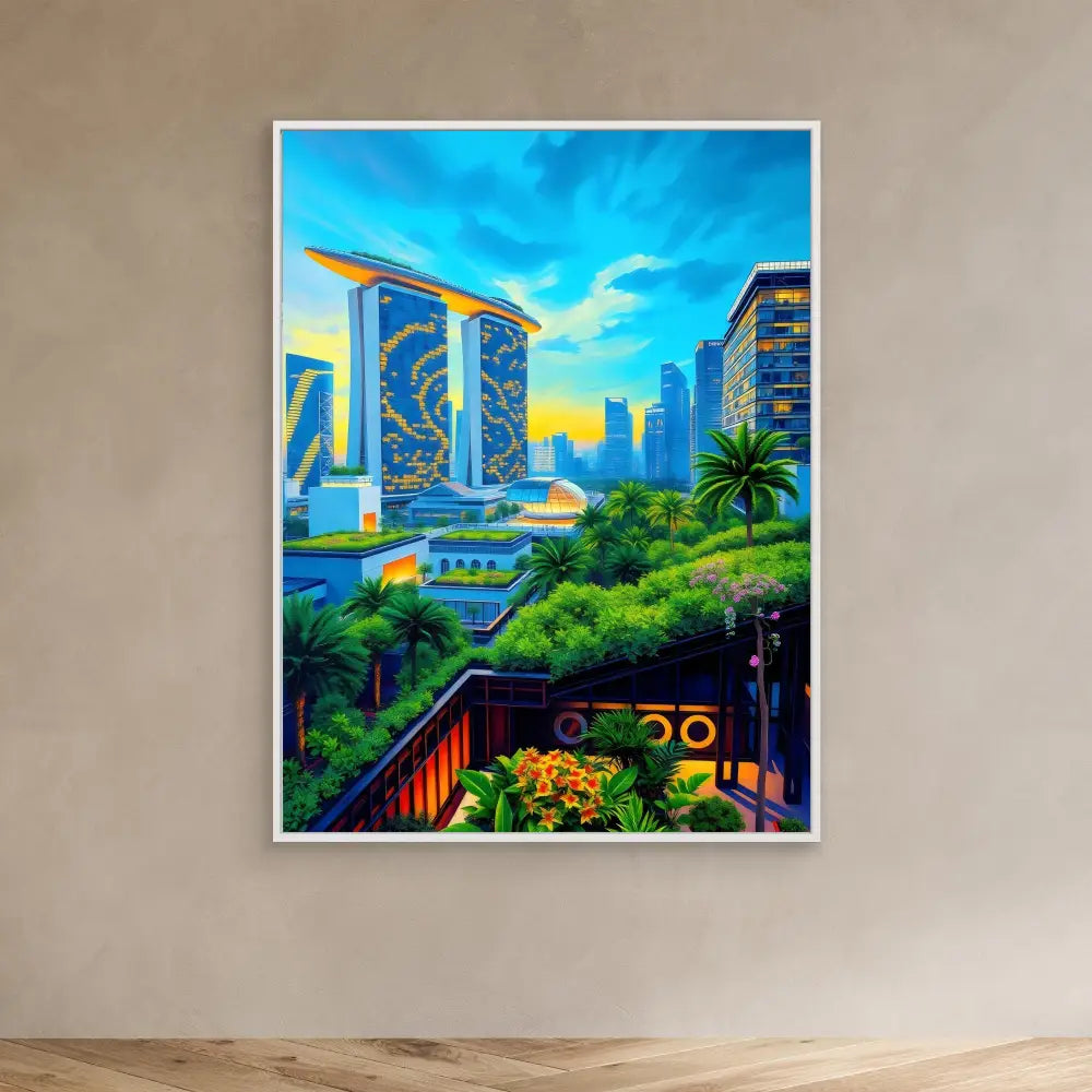 A vibrant painting of Singapore’s Marina Bay Sands hotel and skyline at sunset.